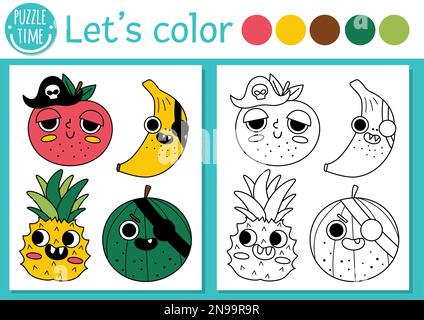 Page de coloriage de pirate pour les enfants avec des fruits kawaii de pirate. Illustration vectorielle d'une île au Trésor. Livre couleur pour enfants avec exemple coloré. Dr Illustration de Vecteur