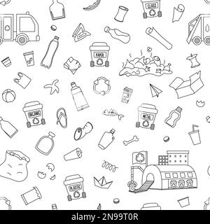 Recyclage et tri des déchets motif noir et blanc sans couture. Vecteur écologique répéter arrière-plan pour les enfants. Page de coloriage du jour de la terre avec poubelles, Illustration de Vecteur