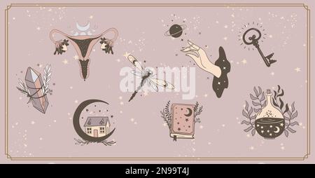 Ensemble de symboles féminins mystiques pour sorcière, divination de tarot, icônes d'halloween pour le design, utérus, livre, maison, clé. Bannière vecteur magie boho, collection o Illustration de Vecteur