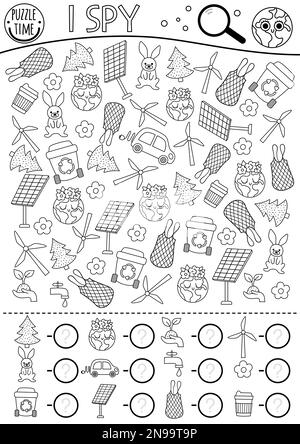 ECO, écologique, espion, I espion, recherche, Comptage, jeu, spot, zéro déchet, noir, Blanc, Contour, coloriage, page, Livre, Line, Outline, Earth Day, CARE, Illustration de Vecteur