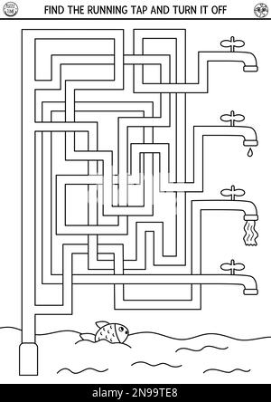 Labyrinthe écologique noir et blanc pour les enfants avec le concept d'économie d'eau. Activité préscolaire jour de la terre avec robinet de course à pied. Jeu de labyrinthe de sensibilisation à l'environnement ou Illustration de Vecteur