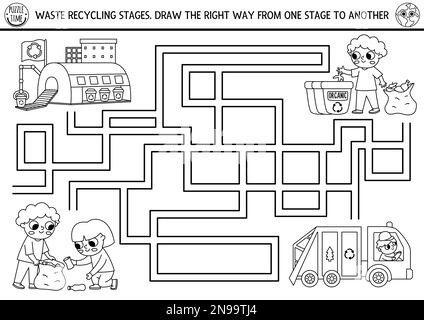 Labyrinthe écologique noir et blanc pour les enfants avec les enfants qui trient les ordures. Activité préscolaire jour de la terre. Sensibilisation à l'environnement ou élimination des déchets de labyrinthe Illustration de Vecteur