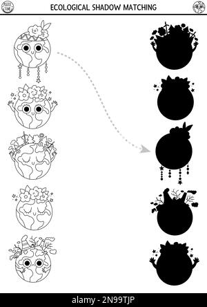 L'ombre écologique noire et blanche correspond à l'activité avec de mignons planètes. Puzzle du jour de la Terre. Trouvez la feuille de calcul ou le jeu imprimable de silhouette correct. Eco-awar Illustration de Vecteur