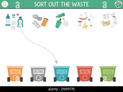 Activité de rapprochement écologique avec concept de tri des déchets. Puzzle du jour de la Terre. Feuille de travail ou jeu imprimable. Éliminer les déchets. Page de sensibilisation à l'environnement pour enfant Illustration de Vecteur