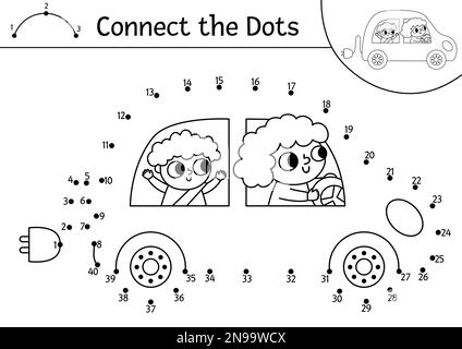 Vecteur d'activité point à point et couleur avec une voiture électrique mignonne. Écologique connecter le jeu de points pour les enfants. Page de coloriage de sensibilisation à l'environnement pour les enfants. Imprimer Illustration de Vecteur