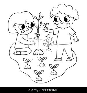 Arbre noir et blanc de plantation de fille et de garçon. Mignon ligne écologique enfants. Plante d'ensemencement pour enfants. Concept de jour de la terre ou de mode de vie sain ou page de coloriage Illustration de Vecteur