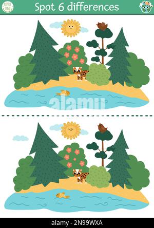 Trouvez le jeu différences pour les enfants. Activité éducative écologique avec une jolie scène de forêt naturelle, léopard. Puzzle du jour de la terre pour les enfants. Sensibilisation à l'environnement p Illustration de Vecteur