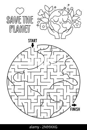 Labyrinthe géométrique écologique noir et blanc pour les enfants en forme de planète. Activité préscolaire jour de la terre. Jeu de labyrinthe de conscience écologique, puzzle. Nature Illustration de Vecteur