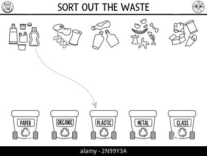 Activité écologique de correspondance noir et blanc avec concept de tri des déchets. Puzzle du jour de la Terre. Feuille de travail ou jeu imprimable. Éliminer les déchets. ECO-waren Illustration de Vecteur