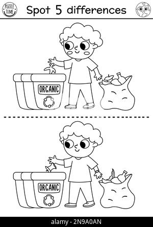 Trouver le jeu différences. Activité éducative écologique en noir et blanc avec un garçon mignon qui trient les déchets. Casse-tête de la ligne du jour de la Terre pour les enfants. Sensibilisation à l'environnement Illustration de Vecteur