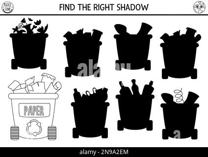 L'activité écologique de l'ombre noire et blanche correspond au concept de tri des déchets. Puzzle du jour de la Terre. Trouvez la feuille de calcul ou le jeu imprimable de silhouette correct. Illustration de Vecteur