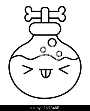 Bouteille de kawaii noir et blanc vectoriel avec potion magique. Adorable personnage de la ligne d'Halloween souriant pour les enfants. Drôle automne effrayant sorcellerie élément illustrat Illustration de Vecteur