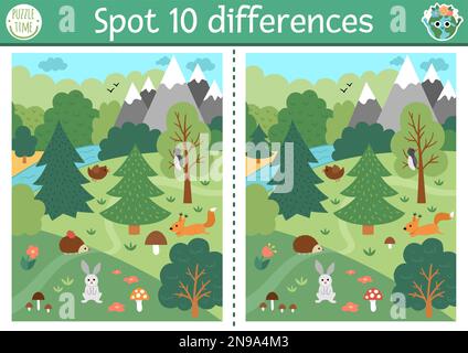 Trouvez le jeu différences pour les enfants. Activité éducative écologique avec scène de forêt de nature mignonne, animaux. Puzzle du jour de la terre pour les enfants. Sensibilisation à l'environnement p Illustration de Vecteur