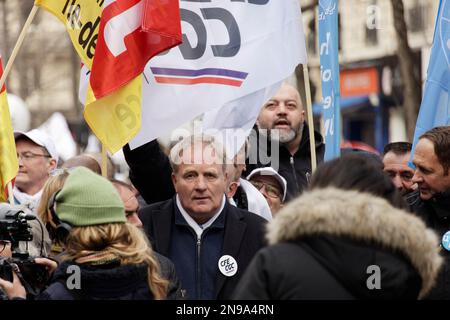 Paris, France. 11th févr. 2023. François Hommeril assiste à la manifestation contre la réforme des retraites et l'arrivée progressive de la retraite à 64 ans Banque D'Images