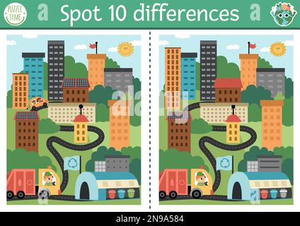 Trouver le jeu de différences pour les enfants avec des opposés. Activité éducative écologique avec une ville écologique mignonne. Puzzle du jour de la terre pour les enfants. Conscience écologique ou zer Illustration de Vecteur