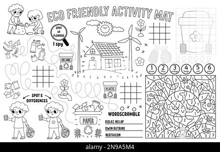 Placemat écologique vectoriel pour enfants. Tapis d'activité imprimable de sensibilisation à l'environnement avec labyrinthe, cartes de pointe TAC TIC, connecter les points, trouver la différence. Jour de la terre Illustration de Vecteur