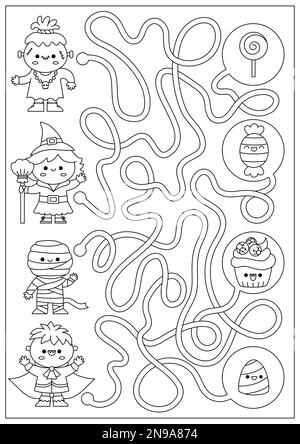 Labyrinthe noir et blanc d'Halloween pour les enfants. Ligne de vacances d'automne prématernelle activité imprimable avec de mignons kawaii enfants, bonbons. Couleur labyrinthe effrayante Illustration de Vecteur