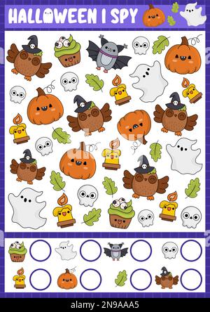 Halloween I jeu d'espion pour les enfants. Recherche et comptage d'activités avec de jolis symboles de vacances kawaii. Feuille de travail imprimable d'automne effrayante pour enfant d'âge préscolaire Illustration de Vecteur