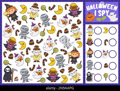 Halloween I jeu d'espion pour les enfants. Recherche et comptage d'activités avec de jolis personnages kawaii. Feuille de travail imprimable d'automne effrayante pour les enfants d'âge préscolaire. S Illustration de Vecteur