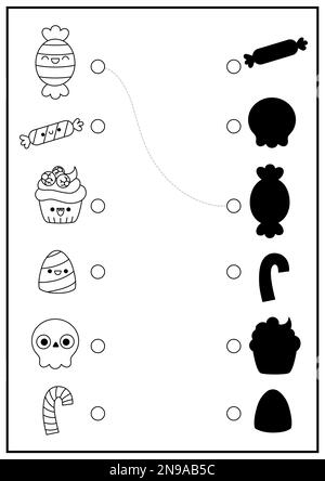 Activité de mise en correspondance des ombres noir et blanc d'Halloween. Puzzle de vacances d'automne avec de mignons sucreries et desserts kawaii. Trouver le travail imprimable de silhouette correct Illustration de Vecteur