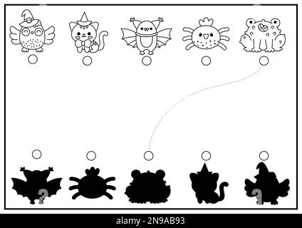 Activité de mise en correspondance des ombres noir et blanc d'Halloween. Puzzle de vacances d'automne avec de jolis animaux kawaii. Trouvez la feuille de travail imprimable de silhouette correcte. Astuce Illustration de Vecteur
