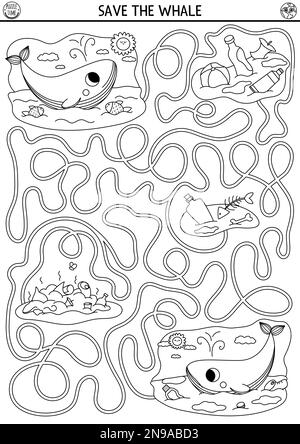 Labyrinthe écologique noir et blanc pour les enfants avec le concept animal en danger. Enregistrez le jeu de baleines. Activité préscolaire jour de la terre. Labyrinthe de sensibilisation à l'environnement Illustration de Vecteur