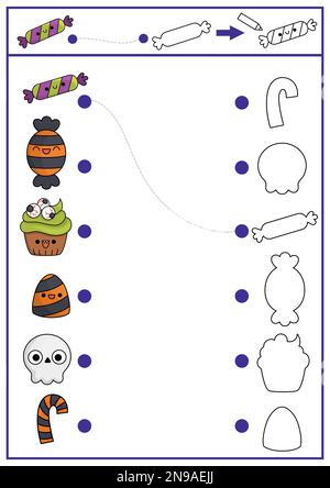 Activité de mise en correspondance, de coloration et de dessin de la forme d'Halloween. Puzzle de vacances d'automne avec de mignons sucreries et desserts kawaii. Trouver la silhouette imprimable correcte Illustration de Vecteur
