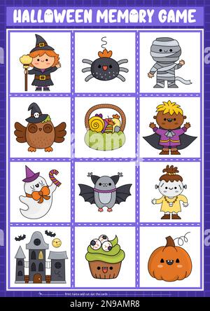 Cartes de jeu à mémoire vector Halloween kawaii avec de jolis symboles de vacances traditionnels. Activité de jumelage de la fête de Samhain. Rappelez-vous et trouvez la carte correcte. Simp Illustration de Vecteur