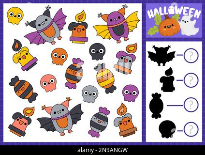 Halloween I SPY et Shadow Match jeu pour les enfants. Recherche et comptage d'activités avec de jolis symboles de vacances kawaii. Feuille de travail imprimable d'automne effrayante pour Illustration de Vecteur