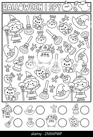 Halloween noir et blanc I jeu d'espion pour les enfants. Recherche et comptage de l'activité de ligne avec une jolie sorcière kawaii. Feuille de travail imprimable d'automne effrayante pour le presc Illustration de Vecteur