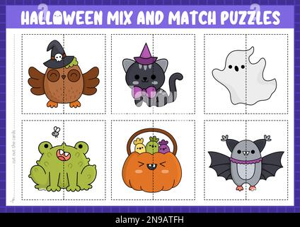 Puzzle de Halloween à motif vectoriel assorti avec de jolis personnages kawaii. Activité de fête de Samhain assortie pour les enfants d'âge préscolaire. Jeu éducatif imprimable avec Illustration de Vecteur