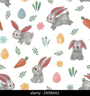 Motif lapin sans couture. Jolies lièvres grises texturées, carottes et fleurs sur fond blanc. Illustration pixellisée des animaux des enfants Banque D'Images