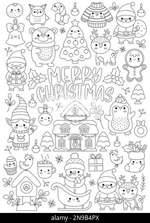 Page de coloriage de ligne verticale de Noël à motif vectoriel pour les enfants avec de jolis personnages kawaii. Illustration des vacances d'hiver en noir et blanc avec le Père Noël, le cerf, Illustration de Vecteur