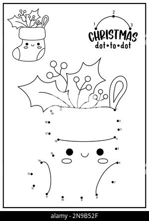 Activité vectorielle de Noël point à point et couleur avec un joli bas de Noël kawaii. Vacances d'hiver connecter le jeu de points pour les enfants avec la chaussette drôle. Nouvelle année Illustration de Vecteur