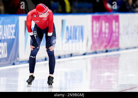 Dordrecht, pays-Bas. 12th févr. 2023. TOMASZOW MAZOWIECKI, POLOGNE - FÉVRIER 12: Peder Kongshaug de Norvège en compétition avec le groupe B hommes 1000m lors de la coupe du monde de patinage de vitesse 5 de l'UIP sur 12 février 2023 à Tomaszow Mazowiecki, Pologne (photo d'Andre Weening/Orange Pictures) Credit: Orange pics BV/Alay Live News Banque D'Images