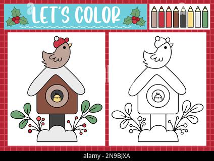 Page de coloriage de Noël pour les enfants avec la maison d'oiseau de kawaii mignonne. Illustration vectorielle des vacances d'hiver Vector. Livre couleur pour enfants avec exemple coloré Illustration de Vecteur