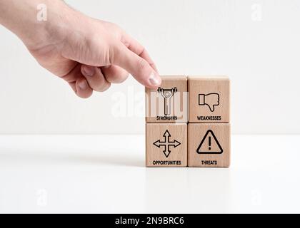 Analyse SWOT et planification stratégique dans le marketing commercial. Forces, faiblesses, menaces et opportunités placent les cubes en bois avec le symbole SWOT Banque D'Images