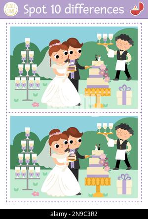 Trouvez le jeu différences pour les enfants. Activité éducative de mariage avec un couple mignon marié. Puzzle de cérémonie de mariage pour les enfants avec mariée et marié cutt Illustration de Vecteur