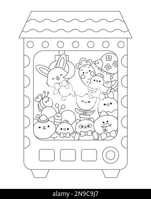 Distributeur de jouets noir et blanc de kawaii Vector avec jouets de Pâques. Illustration de gadget mignon avec lapin, poussin, oeuf coloré. Dessin animé drôle de jeu ga Illustration de Vecteur