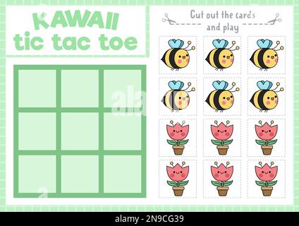 Carte vectorielle de l'orteil du TAC de jardin avec abeille et tulipe en pot. Jeu de société de kawaii de Pâques avec des personnages mignons. Drôle de vacances de printemps imprimable Illustration de Vecteur