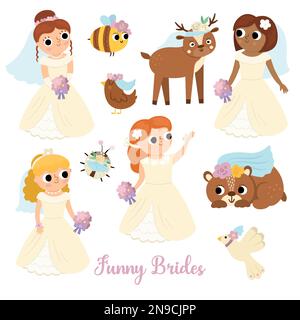 Ensemble de brides vectorielles. Mignonne juste mariée filles portant des robes blanches, voiles, accessoire. Icônes de cérémonie de mariage. Caricature mariage femme récemment mariée, anim Illustration de Vecteur