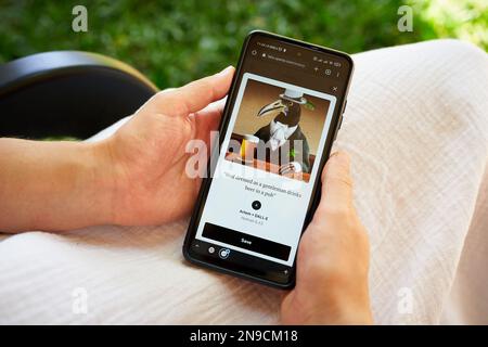 5 février 2023, Mirissa, Sri Lanka. Utilisation d'OpenAI DALL-E sur le téléphone. Femme testant le générateur d'images d'intelligence artificielle. Personne créant des photos Banque D'Images