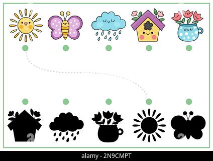 L'ombre du jardin correspond à l'activité avec les personnages traditionnels. Puzzle de reconnaissance de forme de vacances de printemps avec de jolis animaux kawaii. Trouver la silhouette correcte Illustration de Vecteur