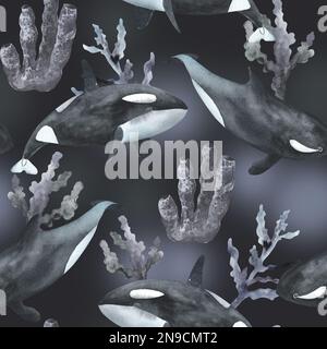 Motif marin sans couture. Phare dessiné à la main, Voilier, équipement de bateau, baleine. Animal sous-marin, algues, corail, coquille. La vie marine. Banque D'Images