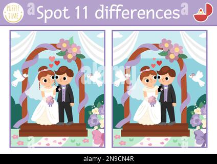 Trouvez le jeu différences pour les enfants. Activité éducative de mariage avec un couple mignon marié. Puzzle de cérémonie de mariage pour les enfants avec mariée drôle, marié a Illustration de Vecteur