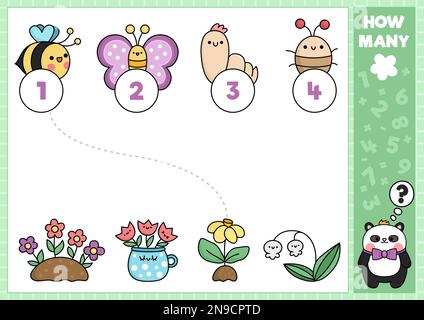 Jeu de printemps assorti avec de mignons fleurs et insectes kawaii. Activité mathématique élémentaire dans le jardin pour les enfants d'âge préscolaire. Programme éducatif imprimable de Pâques avec Illustration de Vecteur