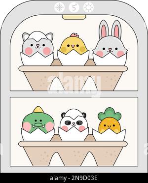 Réfrigérateur Vector kawaii avec emballage aux œufs et animaux à couver à l'intérieur. Illustration de Pâques avec chat mignon, poussin et lapin assis dans la coquille d'œuf. spri mignon Illustration de Vecteur