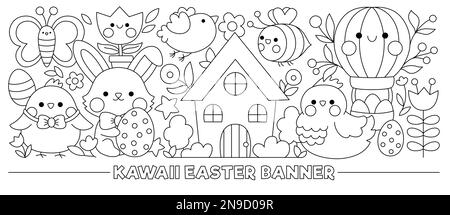 Banderole horizontale noire et blanche de Pâques avec de jolis personnages kawaii pour enfants. Vector lapin drôle avec poussin, cottage, fleurs. Joli jardin illustrati Illustration de Vecteur