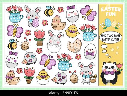 Trouvez deux cuties kawaii identiques. Activité de Pâques pour les enfants. Questionnaire pédagogique des fêtes de printemps pour les enfants sur les compétences d'attention. PR. Simple Illustration de Vecteur