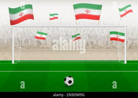 Les fans de l'équipe de football iranienne avec les drapeaux iraniens applaudissent au stade, le concept de penalty kick dans un match de football. Illustration de vecteur sportif. Illustration de Vecteur